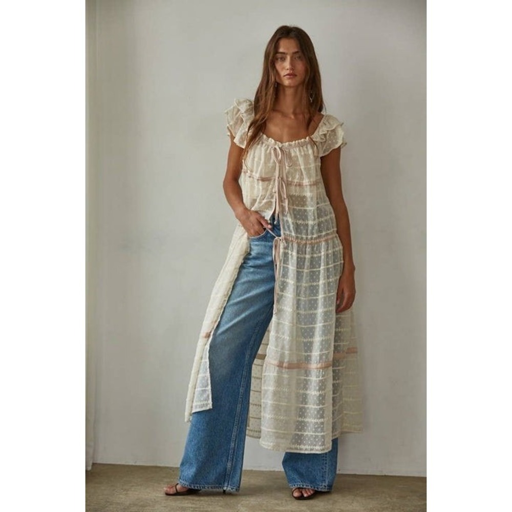 Free People Micah Maxi Top Duster Sheer Lace Bohemian Size L Cream Overlay NWT